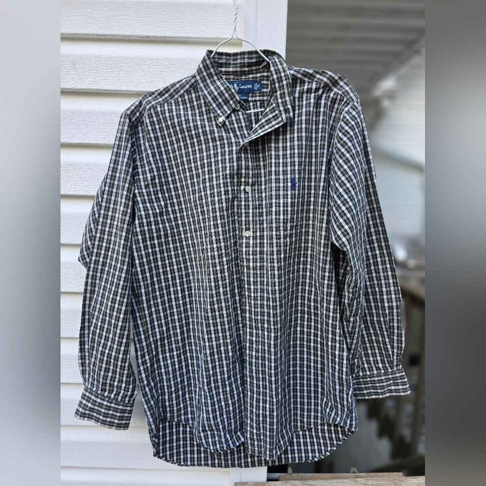 Ralph Lauren Men's Green Blue Plaid Button Up Dress Shirt Small